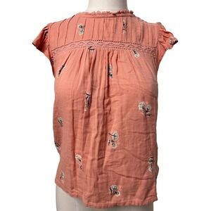 Lucky Brand Coral Pink Floral Cotton Gauze Lace Pintuck Top XS 7W65309
